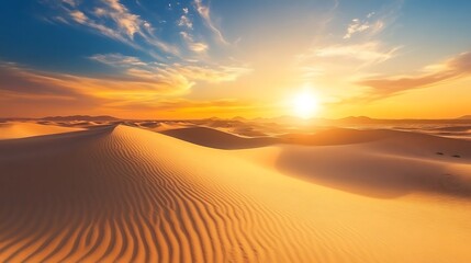 Golden Desert Sunset Landscape with Rolling Sand Dunes