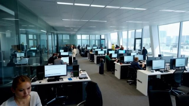 A large office with many people working at their desks. Scene is busy and focused