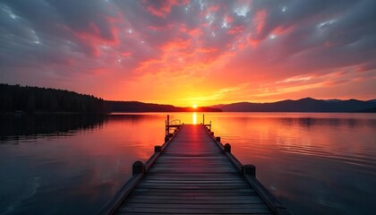 Fototapeta premium Sunset Over the lake and wooden old pier,