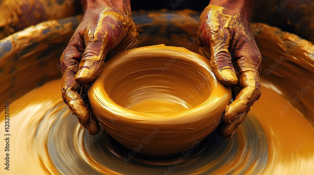 Poster a close-up of hands shaping a clay bowl on a spinning wheel, capturing the art and precision of pott