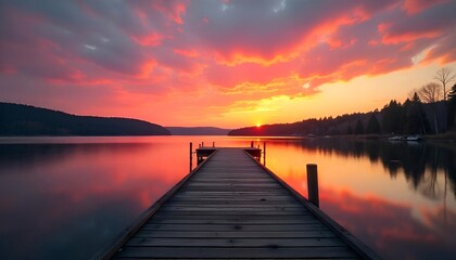 Fototapeta premium Sunset Over the lake and wooden old pier,