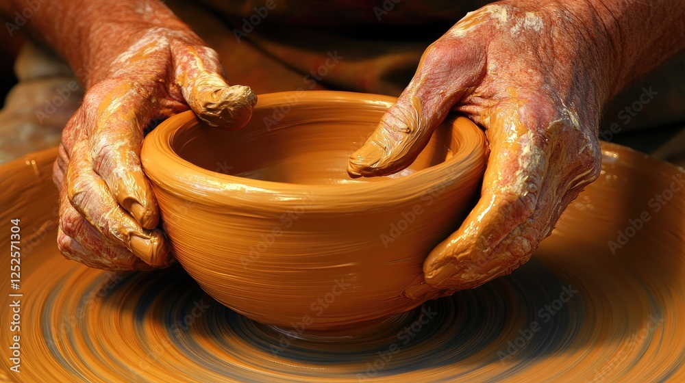 Poster a close-up of hands shaping a clay bowl on a spinning wheel, capturing the art and precision of pott