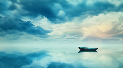 Fototapeta na wymiar Serene Lone Boat on a Misty Lake at Dawn AI Generated