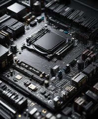 Fototapeta premium Image of a computer's motherboard with various components, power supply, RAM