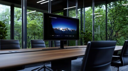 Fototapeta premium A large monitor is on a table in a room with a view of trees