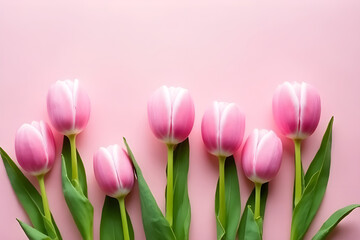 Fototapeta premium Beautiful composition spring flowers. Bouquet of pink tulips flowers on pastel pink background. Valentine's Day, Easter, Birthday, Happy Women's Day, Mother's Day. Flat lay, top view, copy space