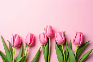 Fototapeta premium Beautiful composition spring flowers. Bouquet of pink tulips flowers on pastel pink background. Valentine's Day, Easter, Birthday, Happy Women's Day, Mother's Day. Flat lay, top view, copy space