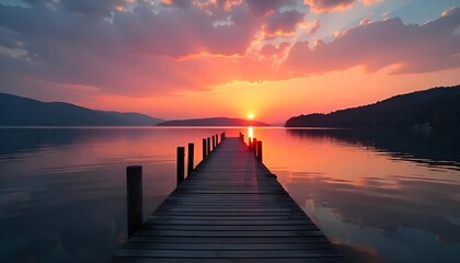 Fototapeta premium Sunset Over the lake and wooden old pier,