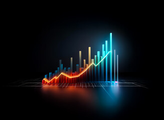 A colorful 3D bar graph with a rising line against a dark backdrop. The vibrant gradient from red to blue visually represents data growth and positive trends.