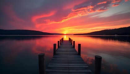 Obraz premium Sunset Over the lake and wooden old pier,