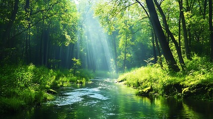 Obraz premium Sunlit Forest Stream: A Serene Nature Photography AI Generated