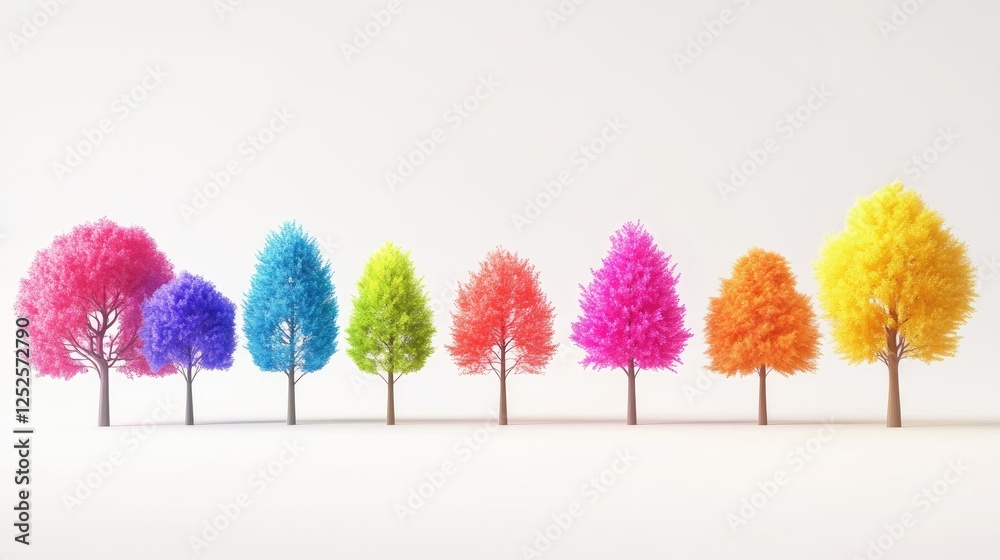 Poster a collection of 3d animated trees with bright, lively colors, isolated on a crisp white background, 