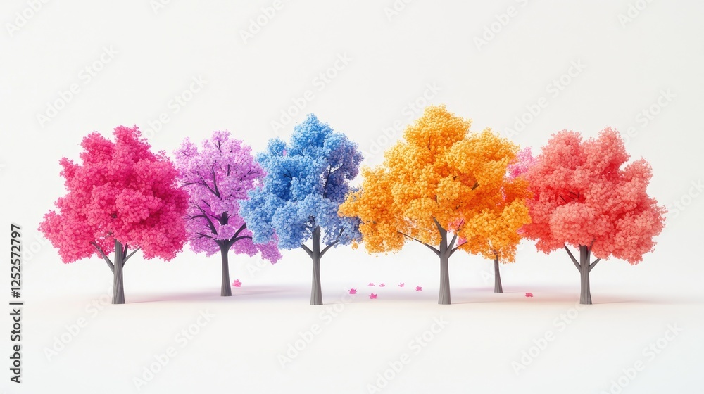 Poster a collection of 3d animated trees with bright, lively colors, isolated on a crisp white background, 