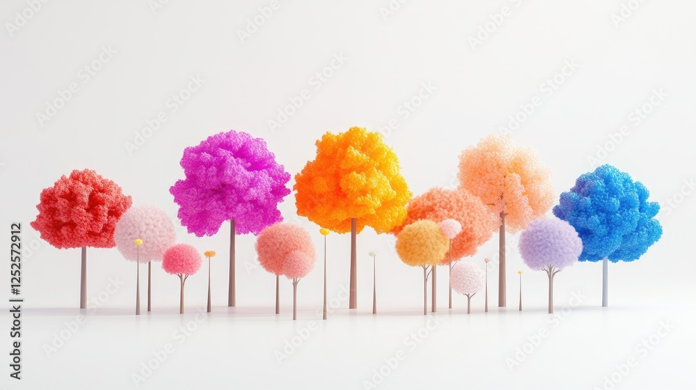 Poster a collection of 3d animated trees with bright, lively colors, isolated on a crisp white background, 