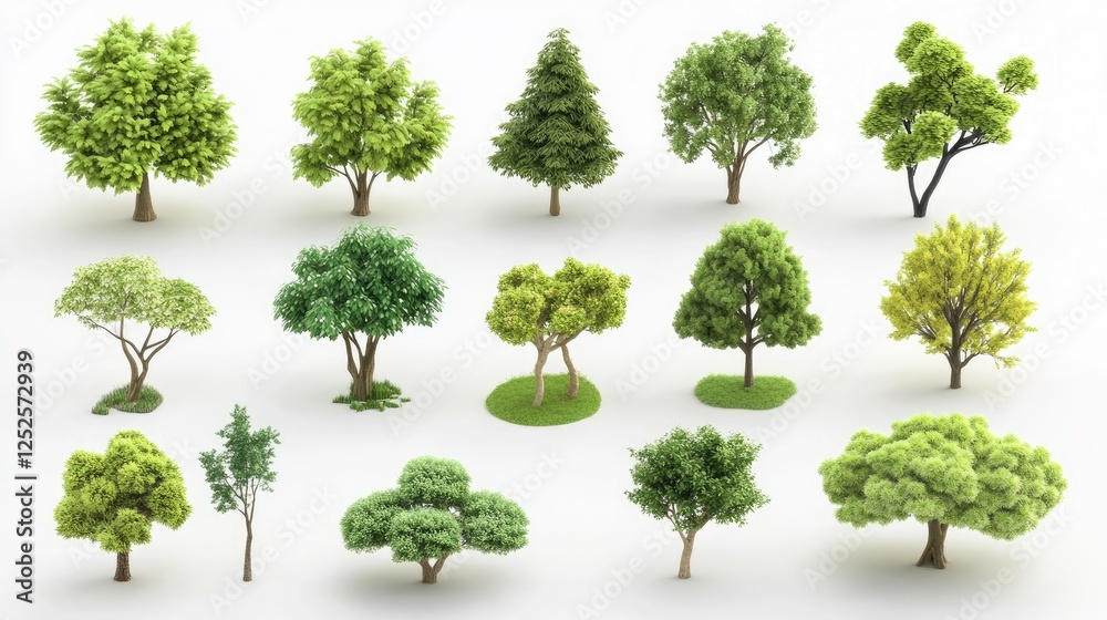 Poster a collection of 3d cute tree models, each with unique designs, isolated on a clean white background,