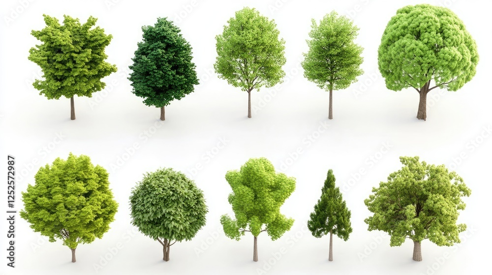 Poster A collection of 3D cute tree models, each with unique designs, isolated on a clean white background, perfect for modern design concepts