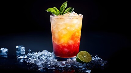 A Tequila Sunrise served with crushed ice, garnished with a sprig of mint and a slice of lime