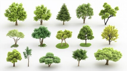 A collection of 3D cute tree models, each with unique designs, isolated on a clean white background, perfect for modern design concepts
