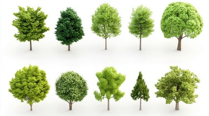 A collection of 3D cute tree models, each with unique designs, isolated on a clean white background, perfect for modern design concepts