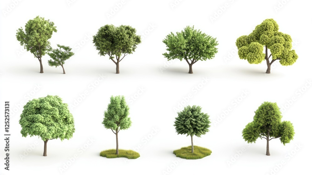 Poster a collection of 3d cute tree models, each with unique designs, isolated on a clean white background,
