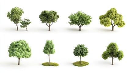 A collection of 3D cute tree models, each with unique designs, isolated on a clean white background, perfect for modern design concepts