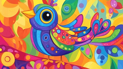 A colorful cartoon bird with a cheeky smile, set in a lively children's background full of vibrant colors and fun patterns