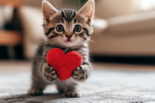 Cute pixiebob young cat with critter toy red heart at cozy domicile. Marketing critter visual idea art. Pixiebob - my cherished cat, symbol of care. Valentine's day kitten joy. Love and purrs.