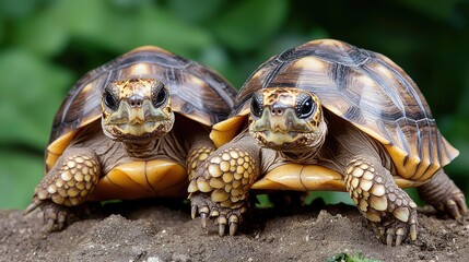 Fototapeta premium Two baby tortoises on ground, lush green background, nature wildlife