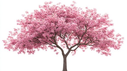 Pink cherry blossom tree in full bloom, isolated, spring