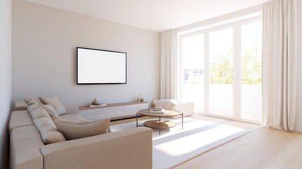 Fototapeta premium Modern Beige Living Room With Large Windows