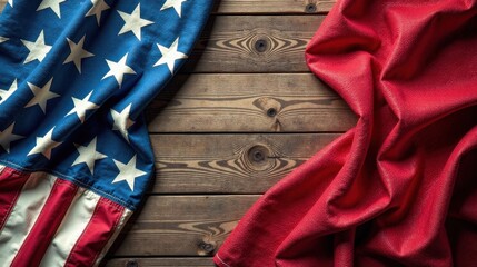 Fototapeta premium A patriotic textile arrangement featuring draped American and red fabrics on rustic wood