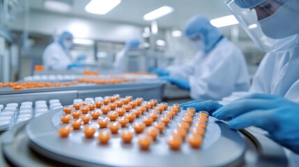 A detailed shot of workers in a pharmaceutical manufacturing clean room, packaging medications for distribution, Pharmaceutical packaging scene