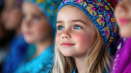 Fototapeta premium Girl in colorful headwear, audience, event, hope