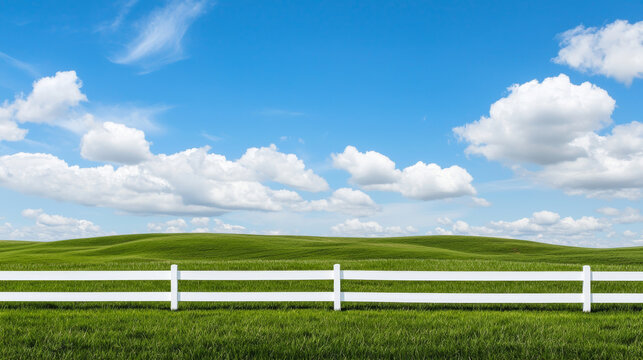 Rolling hills with green fields. serene landscape featuring rolling green hills under bright blue sky with fluffy clouds