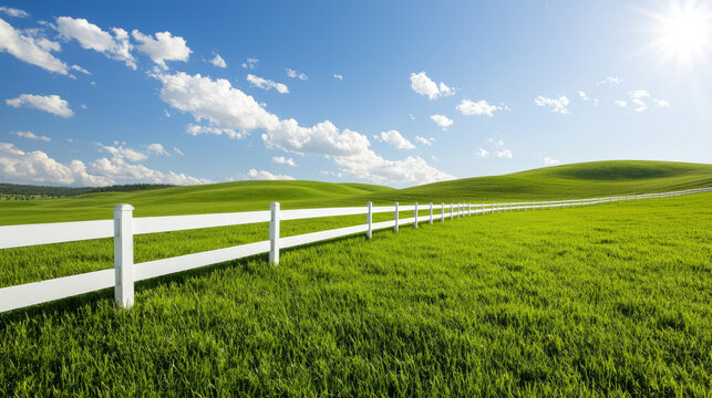 Rolling hills with green fields. vibrant view of rolling hills covered with fresh green grass and white fence