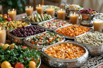 Fototapeta premium Table with various salads, fruits, and lit candles for a festive buffet meal