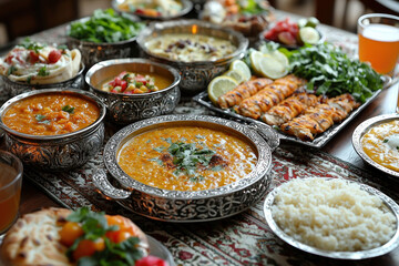 Obraz premium Persian cuisine feast on table with rice, grilled meat, stews, salads, and bread