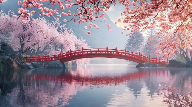 A red bridge spans a river with pink cherry blossoms in the background