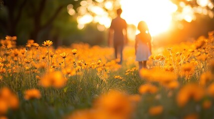 Sunset Stroll Through Golden Meadow: Father and Daughter Embrace Nature's Warmth