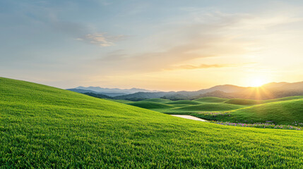 Obraz premium Rolling hills with green fields. Golden light of dawn caressing rolling green hills and mountains