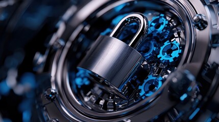 A lock with a blue keyhole is shown in a blue and silver color scheme