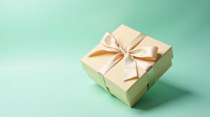Obraz premium A delicately tied satin ribbon adorns a pale beige gift box, resting on a serene mint green background, conveying elegance and anticipation.