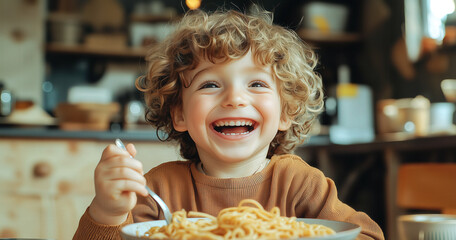 Cute little kid boy eating spaghetti bolognese or pasta macaroni bolognese at home. Happy child eating fresh cooked healthy meal with noodles. Generative Ai.
