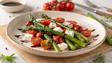 Fresh vegetable salad with cherry tomatoes, asparagus, and feta cheese drizzled with balsamic glaze