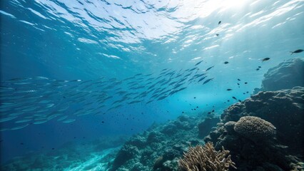 Obraz premium Ocean water with a school of fish swimming in the distance, ocean water, green gradient