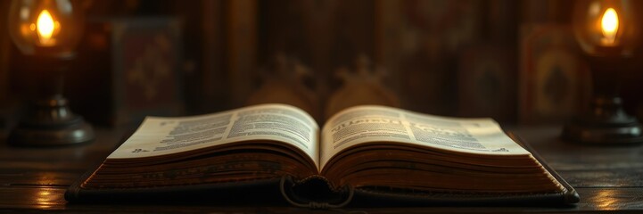 Obraz premium Old leather-bound tome with glowing ethereal light emanating from within, antique book, soft illumination