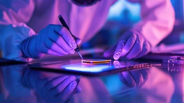 A detailed shot of workers in a semiconductor clean room, inspecting microchips under magnification for quality control, Semiconductor manufacturing scene