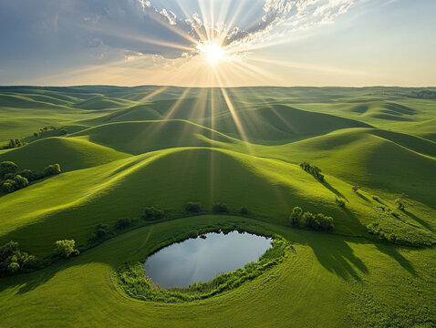 Rolling hills with green fields. Lush green rolling hills under dramatic sunset with serene pond