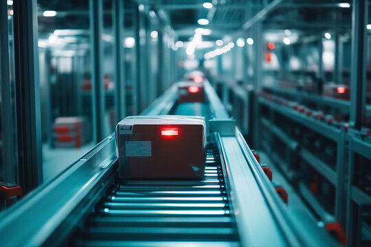 Products moving smoothly along a high-efficiency conveyor belt, symbolizing industrial precision and technology.