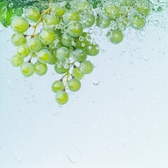 Green Grapes in Water Droplets: A close-up image of a fresh green grape cluster submerged in water.